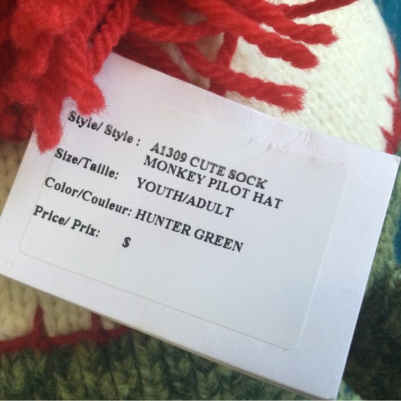 Delux Wool Blend Sock Monkey Pilot Toque Hat Hand made Green NWT - Picture 5 of 10